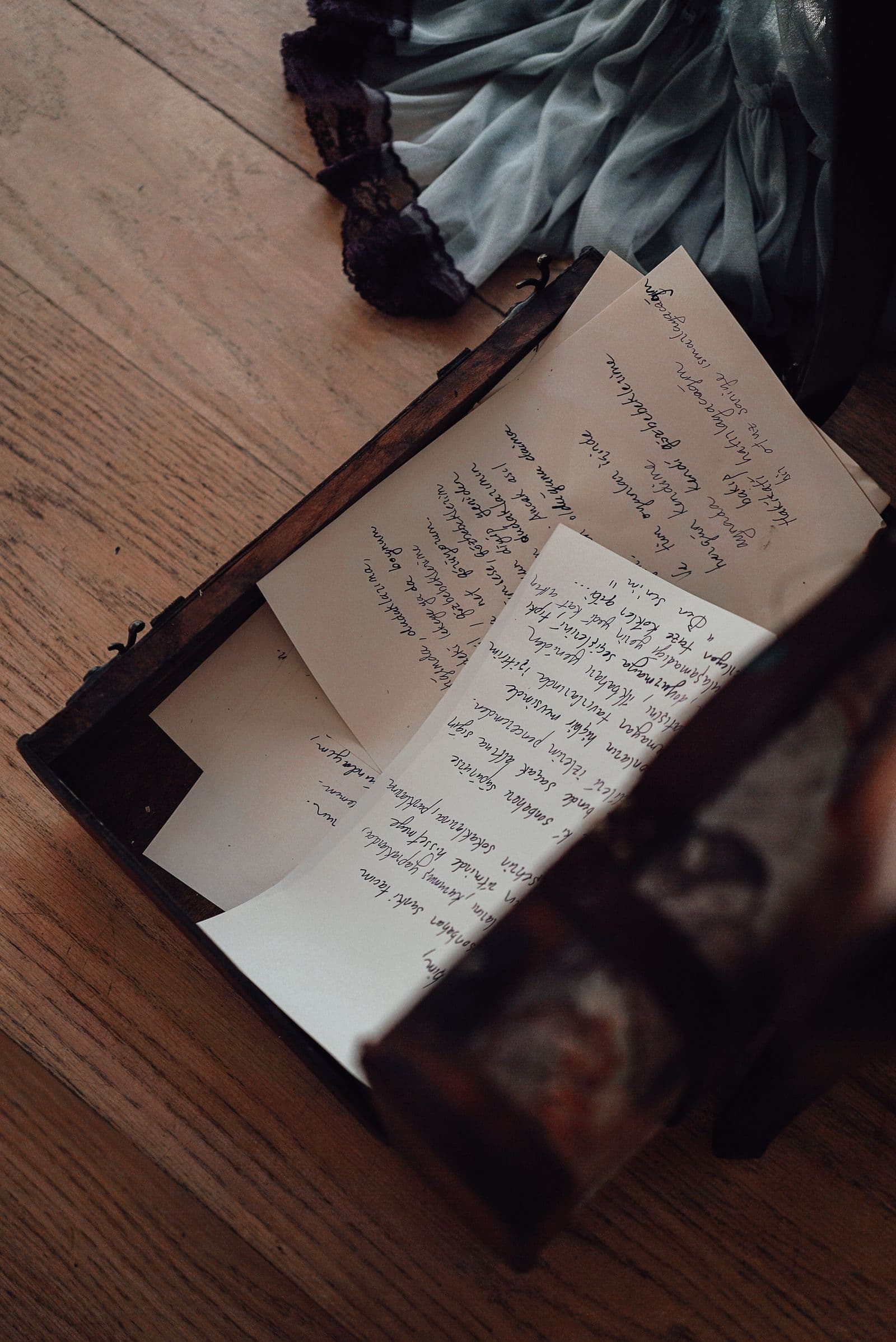 Handwritten letters kept in an old wooden box