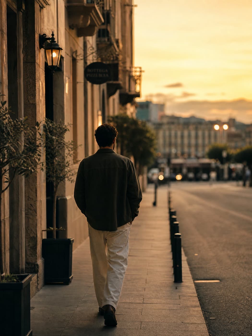 A person walking down a city street at golden hour, seen from behind