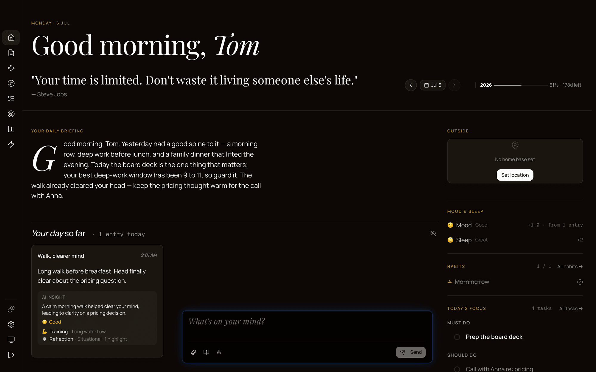 MetaLife dashboard with the capture composer, daily briefing, and today's entries