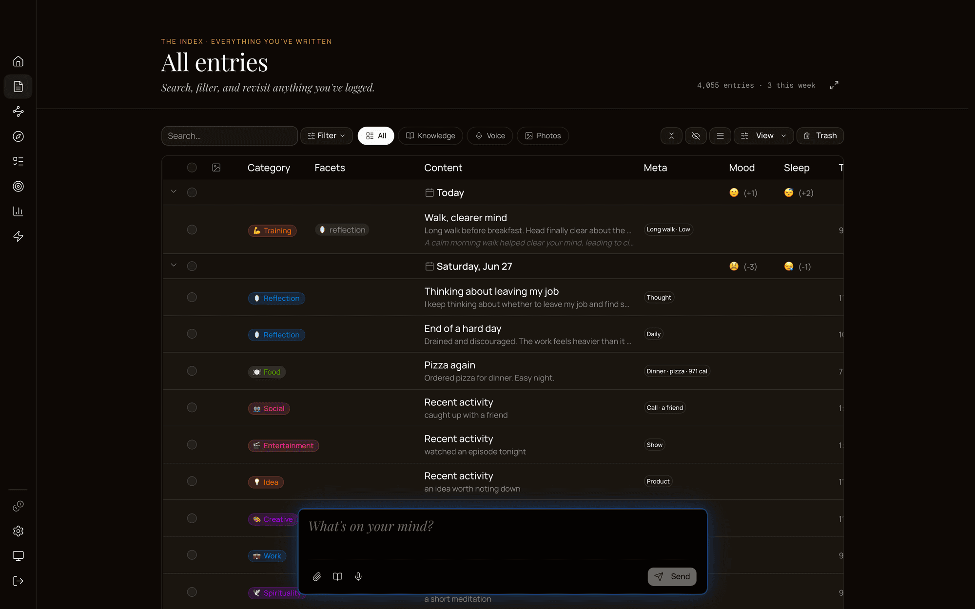 MetaLife entries library showing categorized, structured journal entries