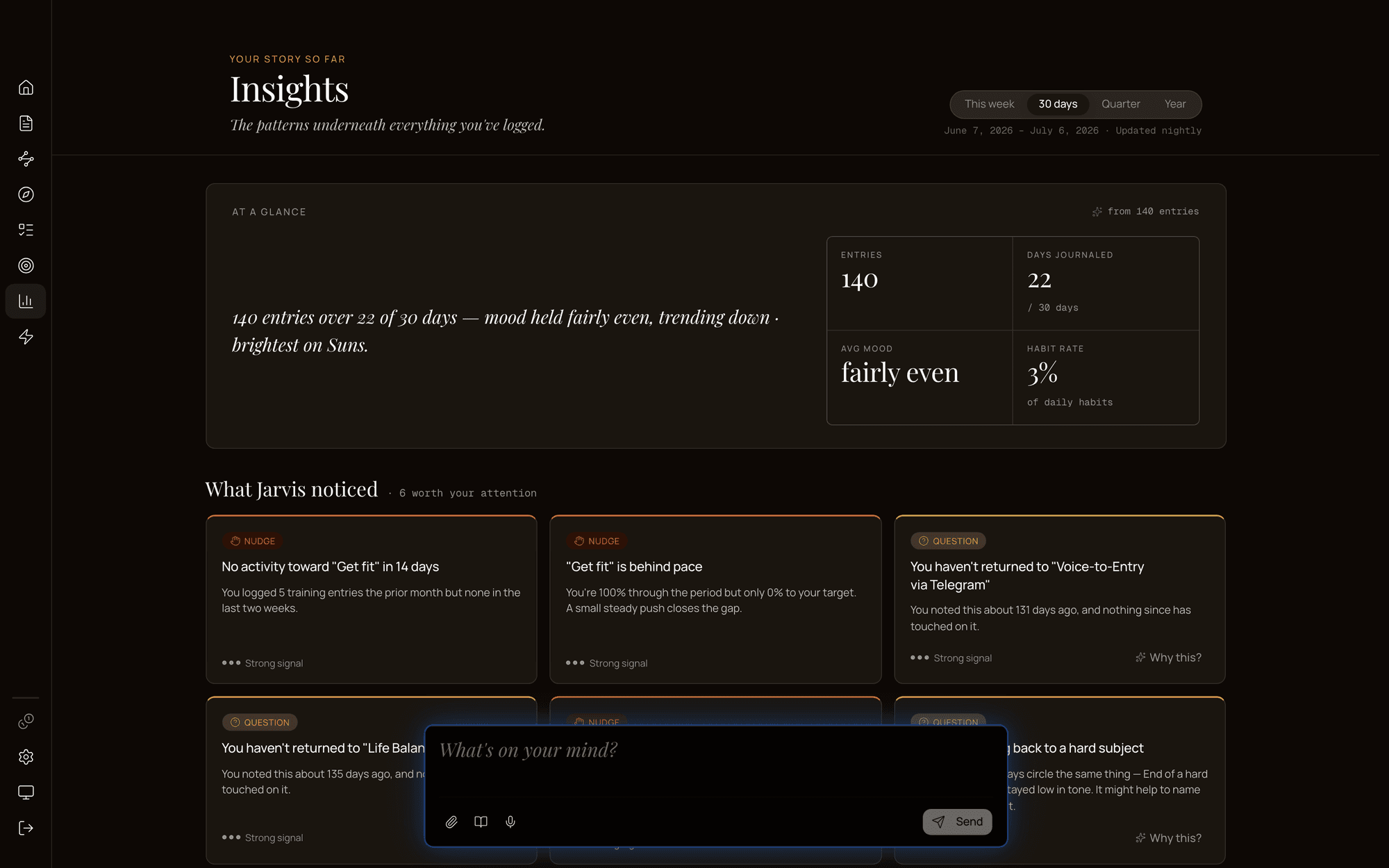 MetaLife insights page with pattern signals and gentle nudges